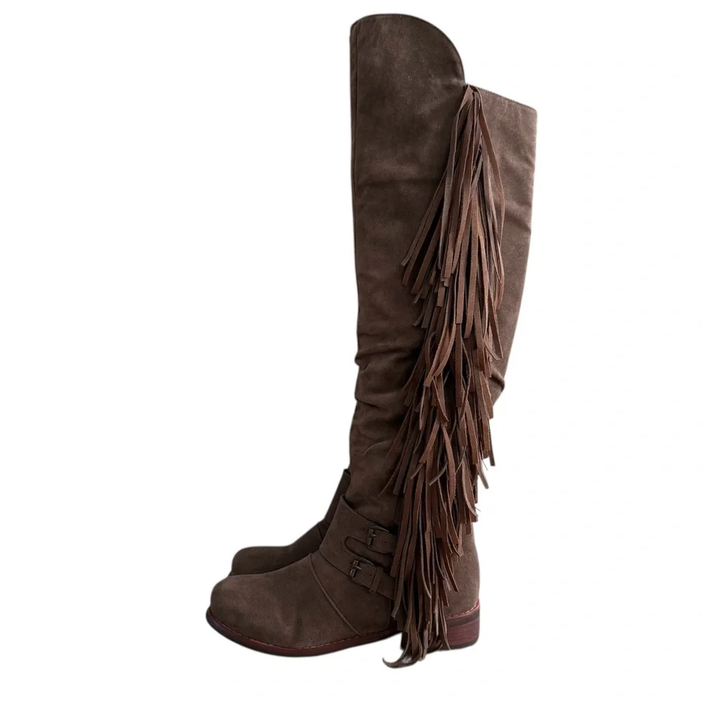NWOB Brown Vegan Suede Over Knee Fringe Riding Boot Lined Western Boho Sz 6.5